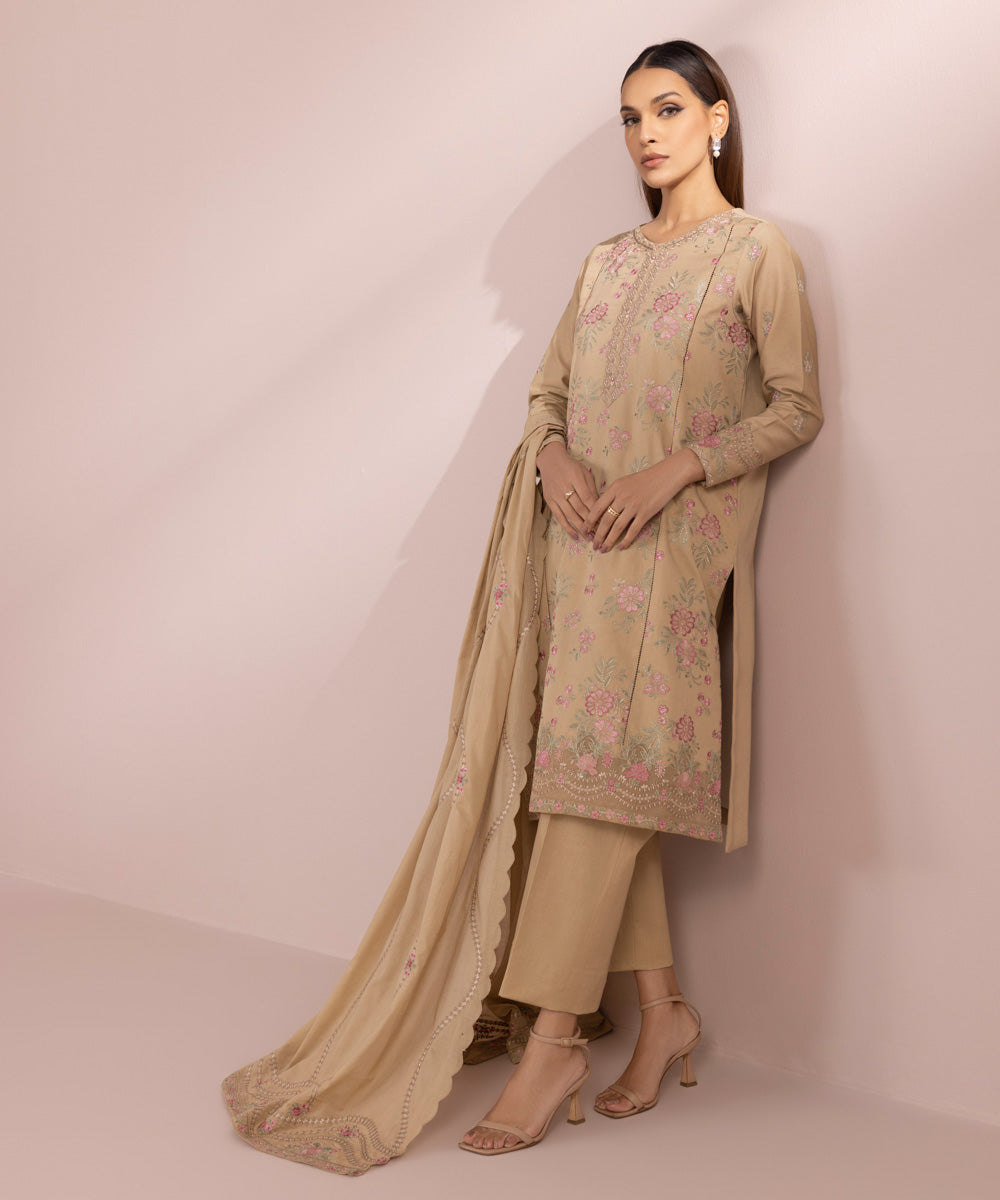 Women's Unstitched Lawn Embroidered beige 3 Piece Suit