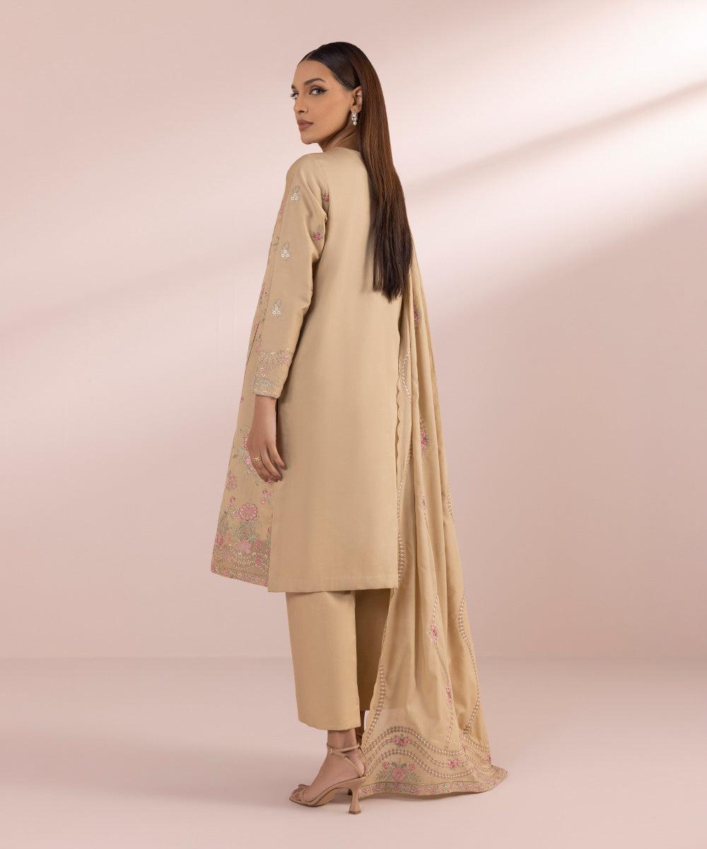 Women's Unstitched Lawn Embroidered beige 3 Piece Suit