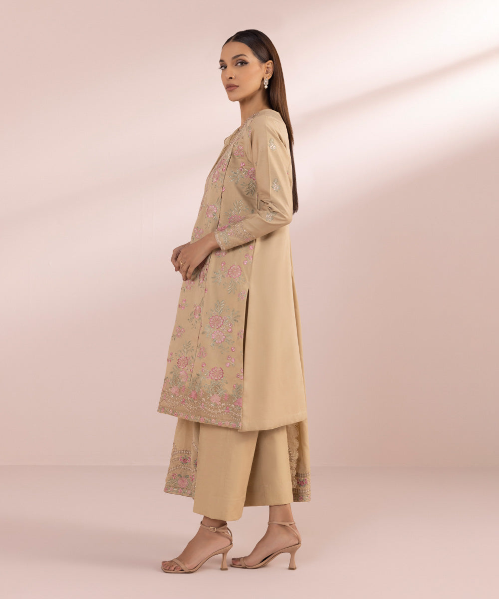 Women's Unstitched Lawn Embroidered beige 3 Piece Suit