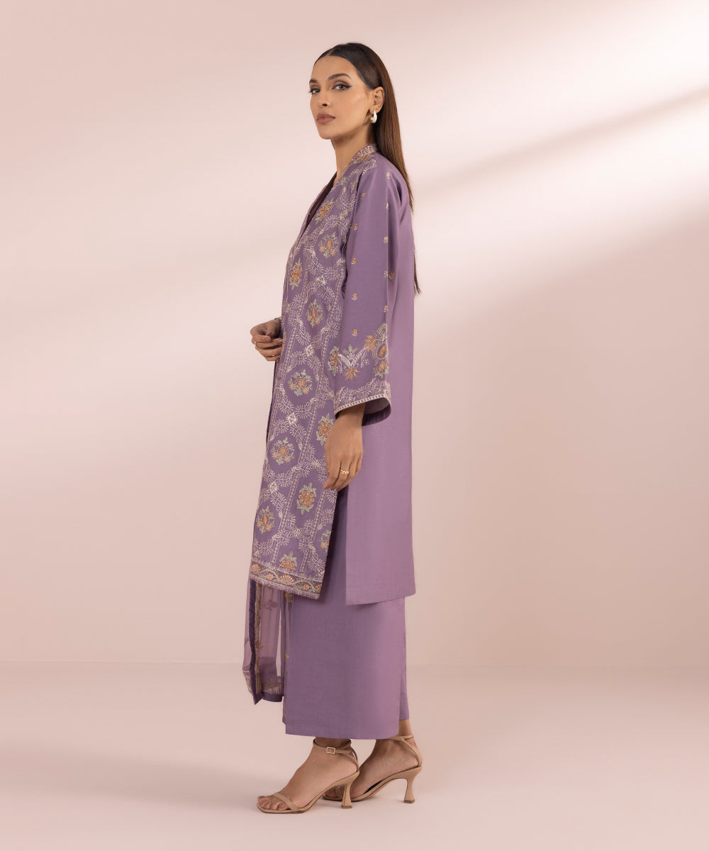 Women's Unstitched Lawn Embroidered purple 3 Piece Suit