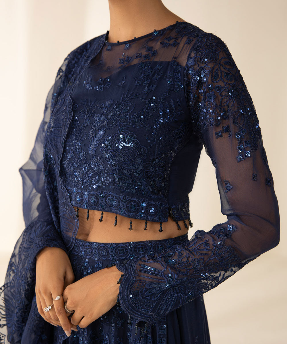 Festive Women's Unstitched Bemberg Crinkle Chiffon Blue 3 Piece Suit