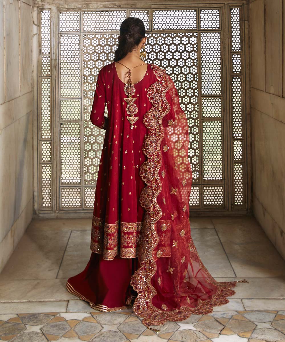 Festive Women's Unstitched Raw Silk Red 3 Piece Suit
