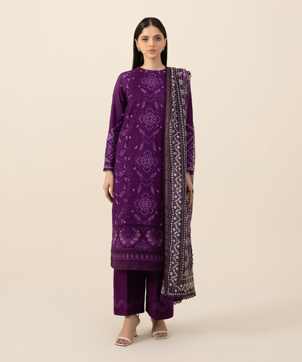 Women's Intermix Unstitched Pk Raw Silk Purple 3 Piece Suit