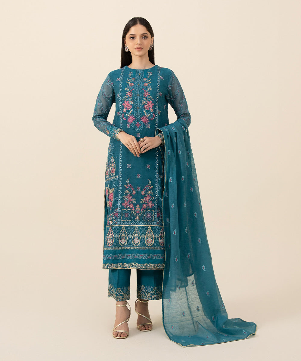 Women's Intermix Unstitched Blended Viscose Khaddi Net Blue 3 Piece Suit