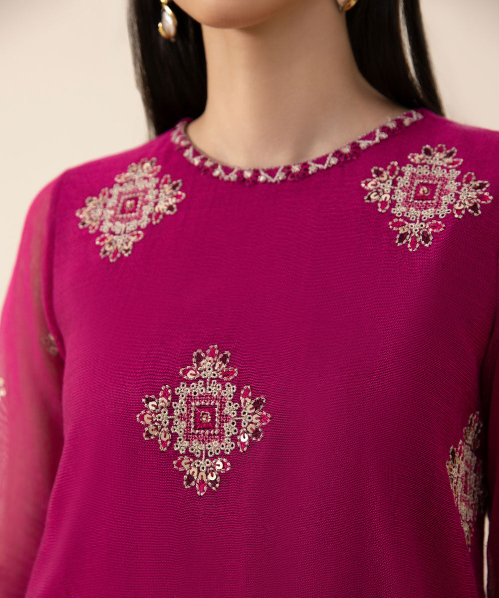 Women's Intermix Unstitched Blended Viscose Khaddi Net Pink 3 Piece Suit