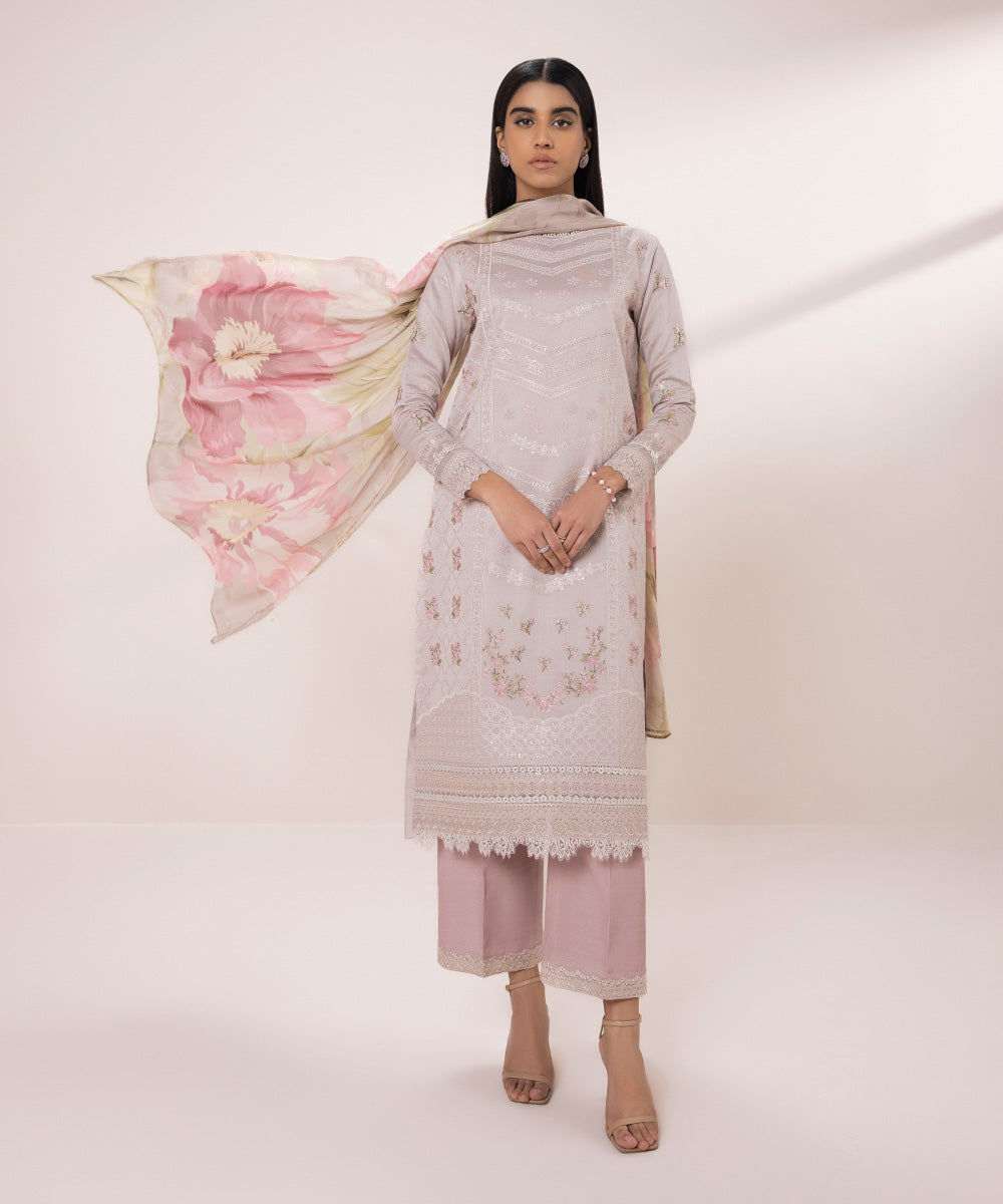 Women's Unstitched Cotton Net Embroidered Pink 3 Piece Suit