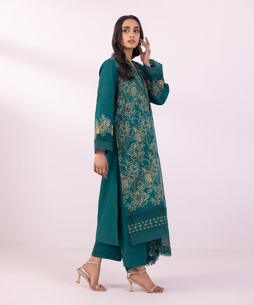 Women's Unstitched Dobby Embroidered Teal Blue 3 Piece Suit