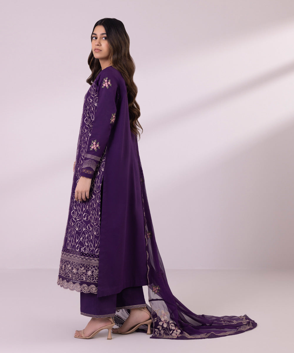 Women's Unstitched Cotton Jacquard Embroidered Purple 3 Piece Suit