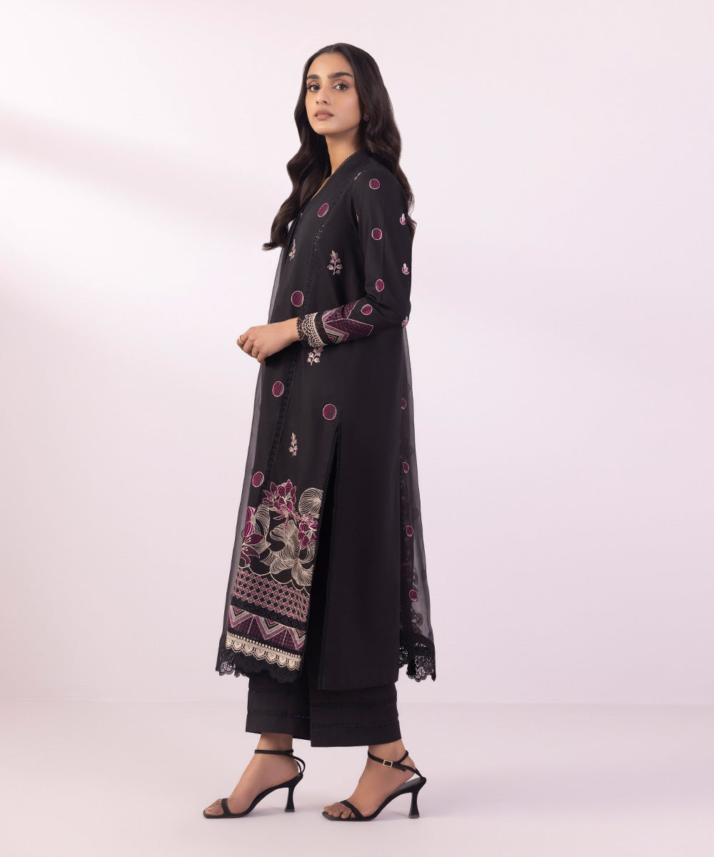 Women's Unstitched Cotton Jacquard Embroidered Black 3 Piece Suit