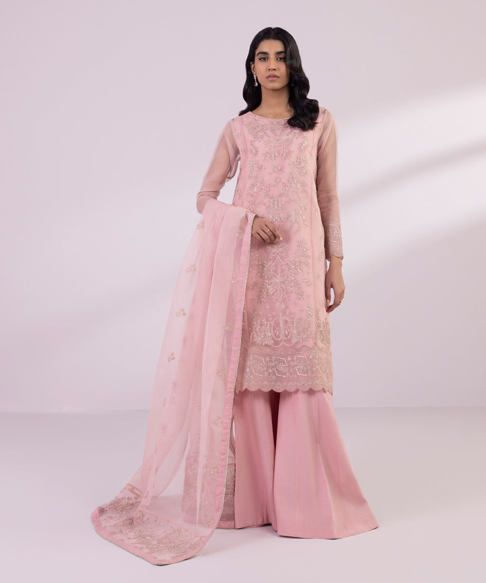 Women's Unstitched Organza Embroidered Pastel Pink 3 Piece Suit