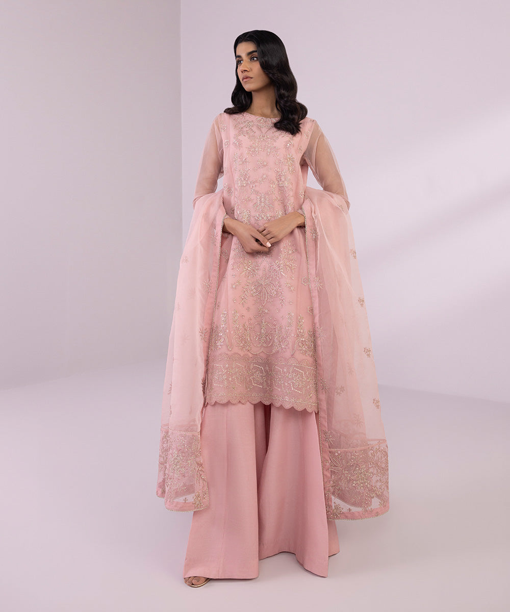 Women's Unstitched Organza Embroidered Pastel Pink 3 Piece Suit