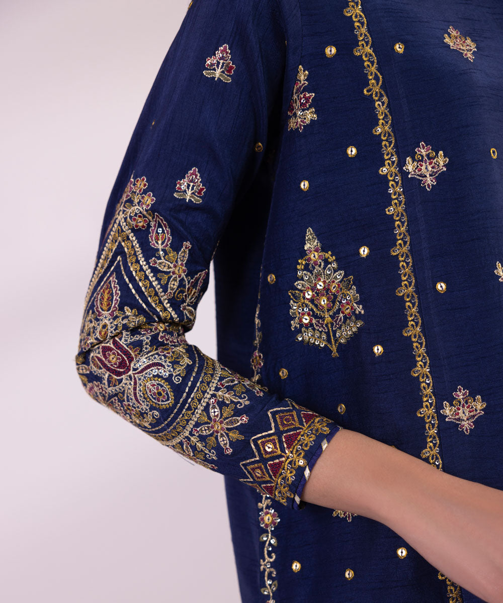 Women's Unstitched Raw Silk Embroidered Navy Blue 3 Piece Suit
