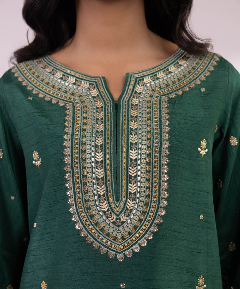 Women's Unstitched Raw Silk Embroidered Bottle Green 3 Piece Suit