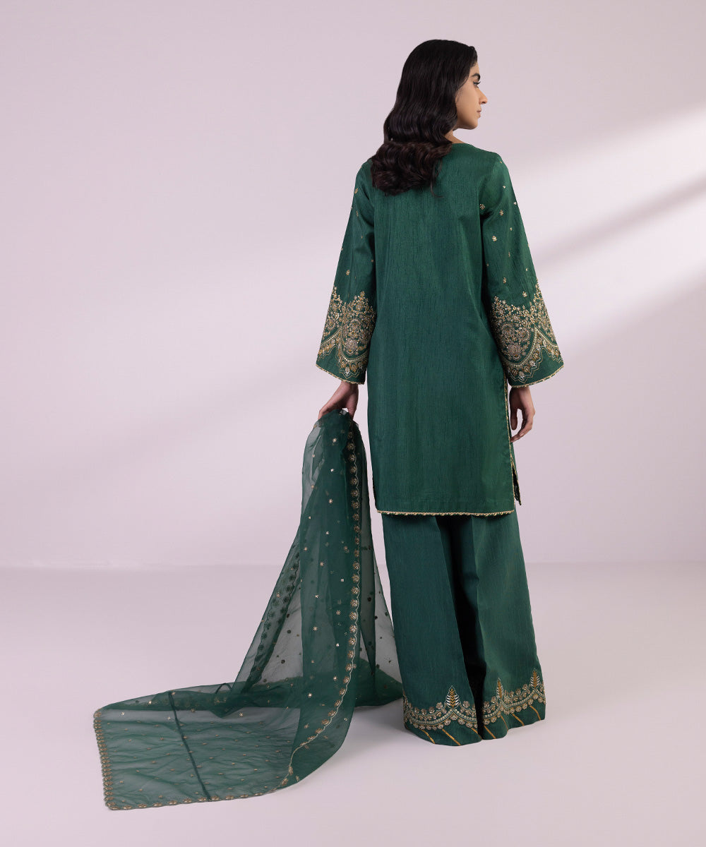 Women's Unstitched Raw Silk Embroidered Bottle Green 3 Piece Suit