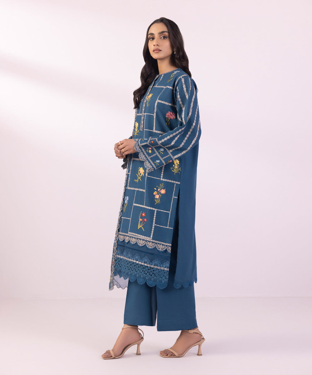 Women's Unstitched Lawn Embroidered Blue 3 Piece Suit
