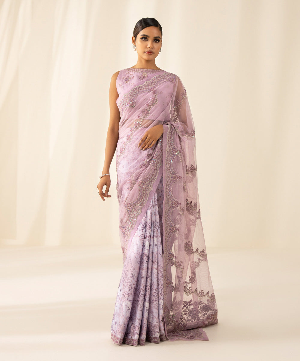 Festive Women's Unstitched Raw Silk Purple 3 Piece Saree