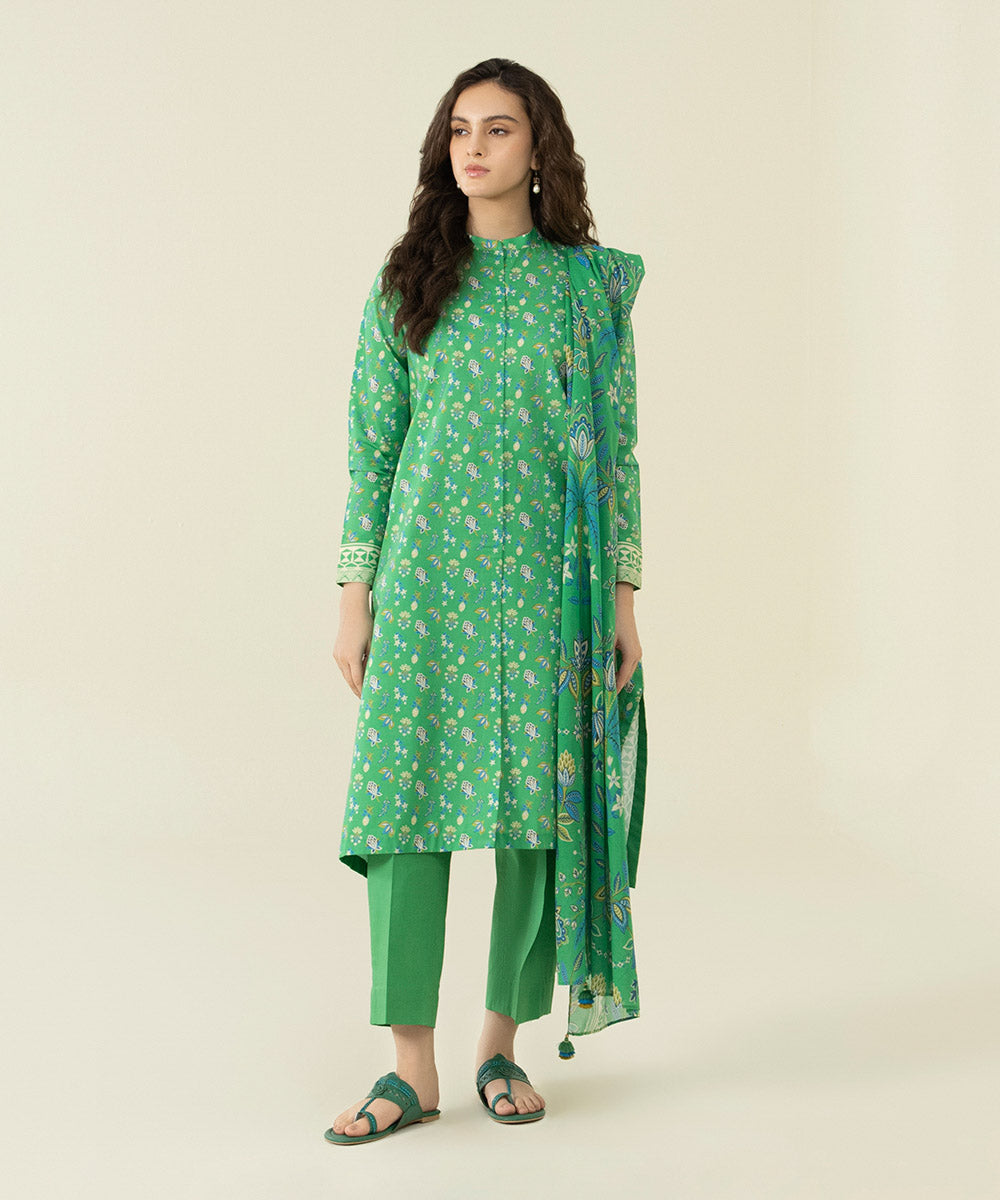 Unstitched Women's Printed Lawn Green Blue 3 Piece Suit