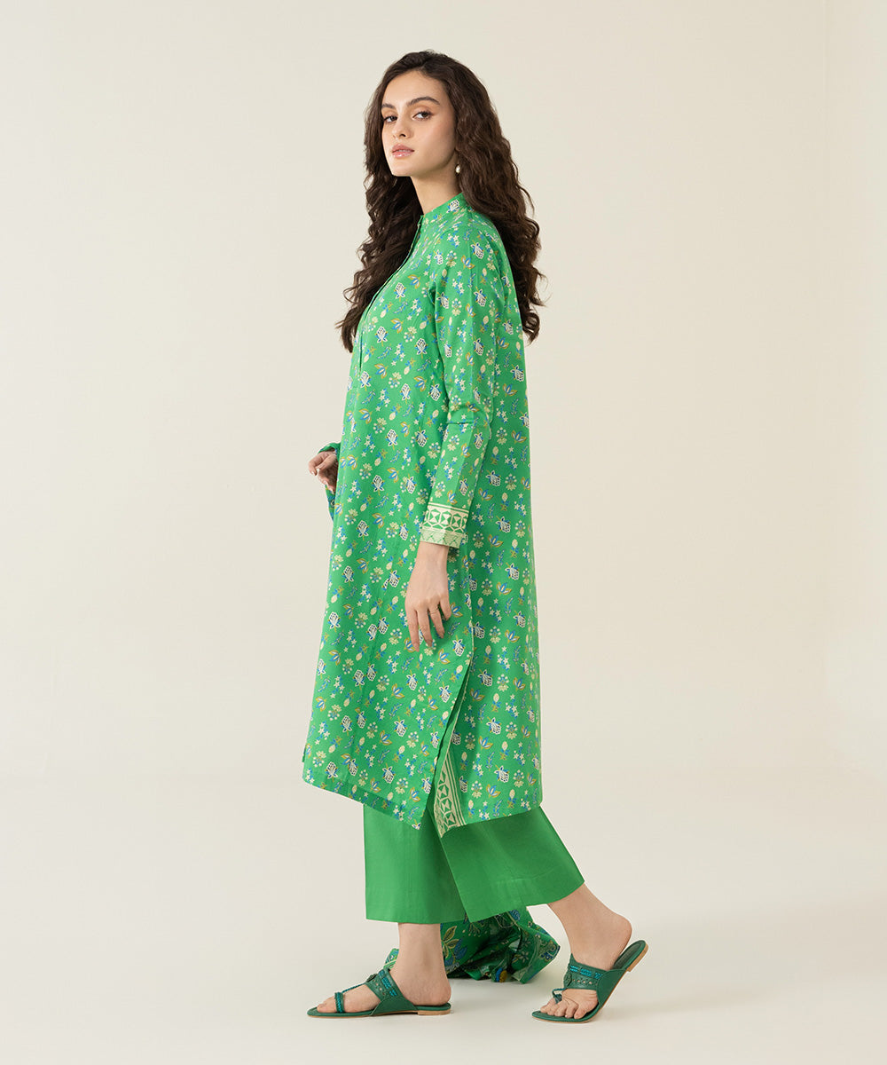 Unstitched Women's Printed Lawn Green Blue 3 Piece Suit
