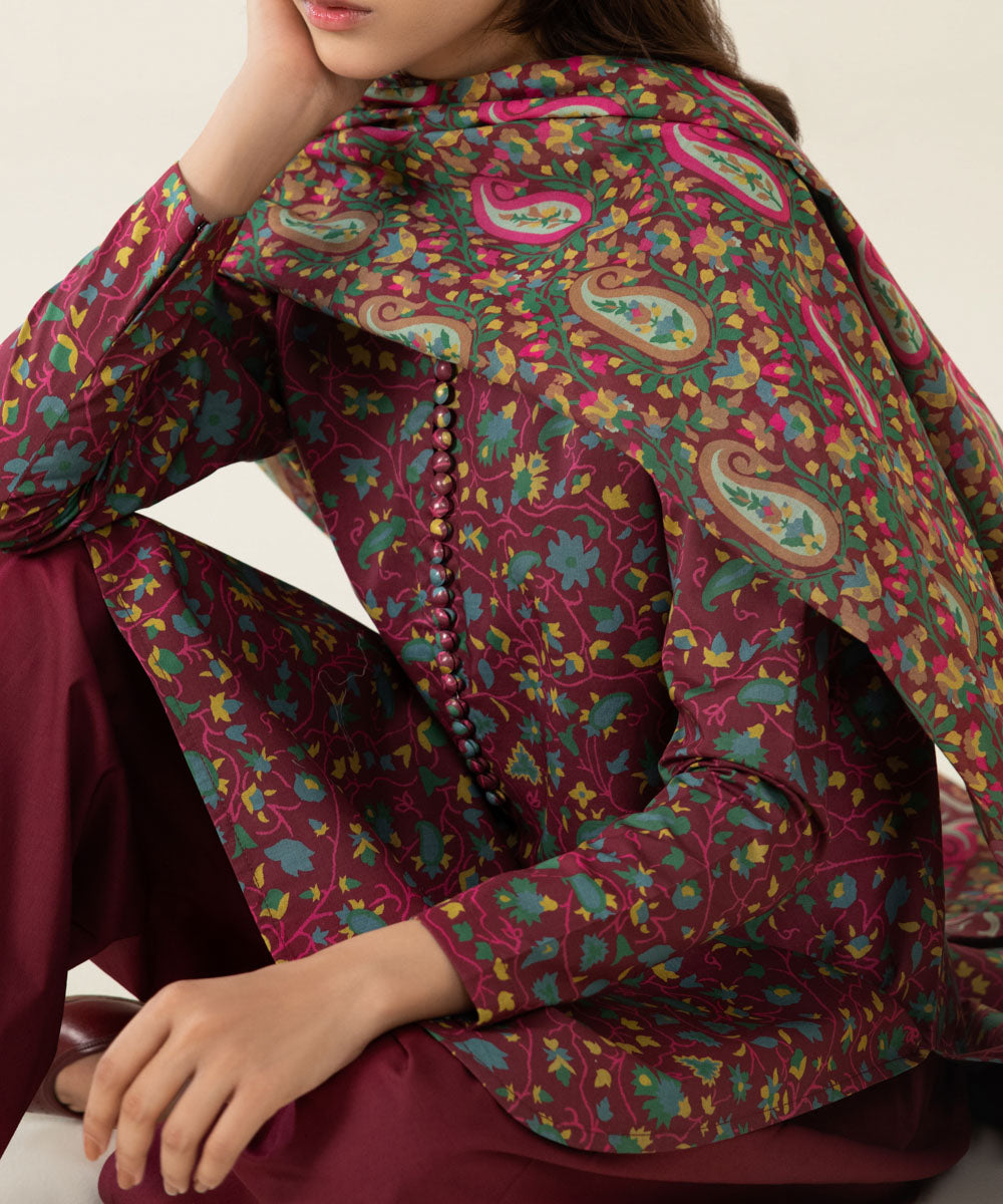 Unstitched Women's Printed Lawn Fuchsia 3 Piece Suit
