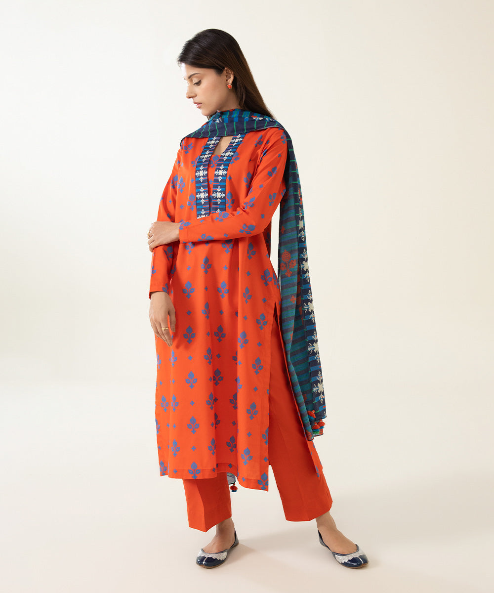 Unstitched Women's Printed Lawn Red 3 Piece Suit