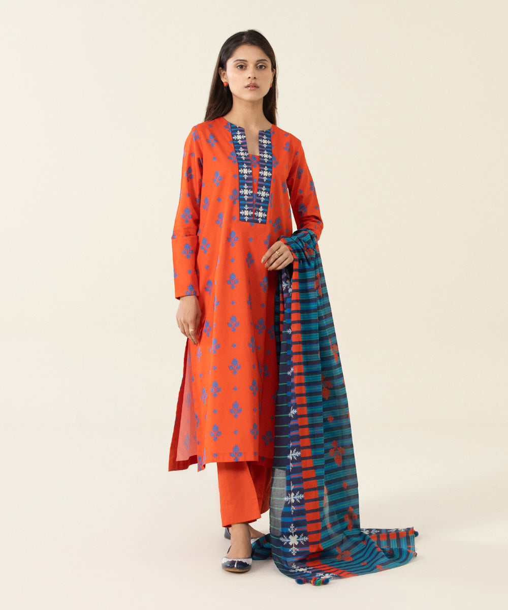 Unstitched Women's Printed Lawn Red 3 Piece Suit
