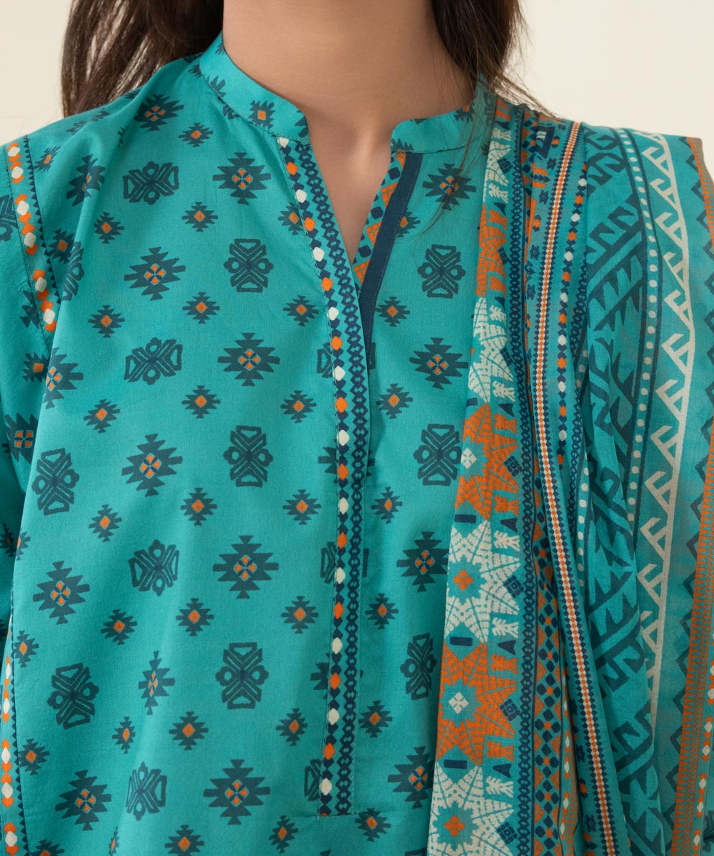 Unstitched Women's Printed Lawn Sky Blue 3 Piece Suit