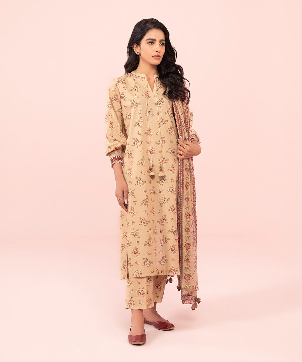 Women's Unstitched Printed Cambric Beige 3 Piece Suit