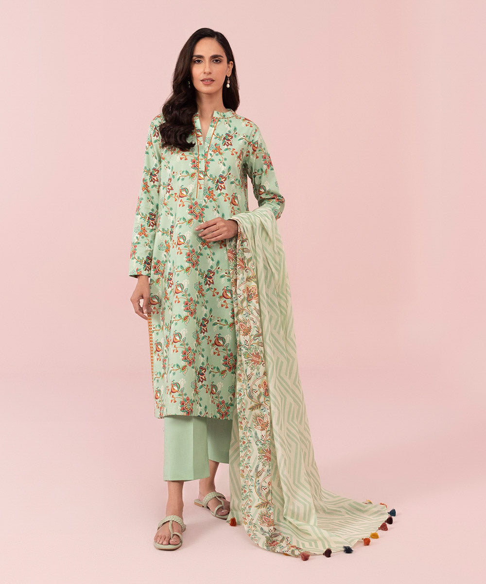 Women's Unstitched Printed Cambric Mint Green 3 Piece Suit