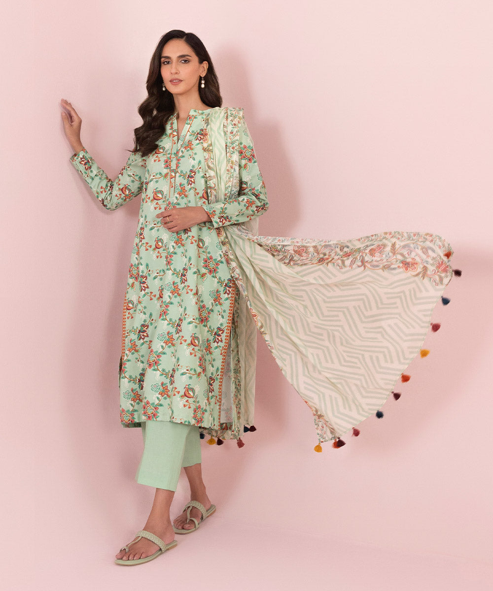 Women's Unstitched Printed Cambric Mint Green 3 Piece Suit