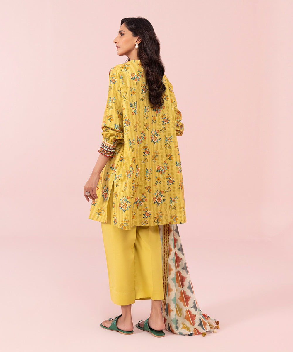 Women's Unstitched Printed Cambric Yellow 3 Piece Suit