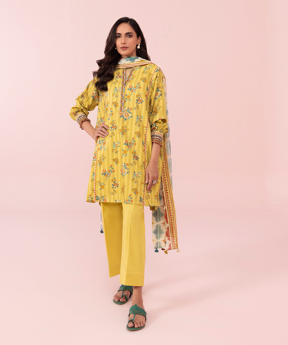 Women's Unstitched Printed Cambric Yellow 3 Piece Suit