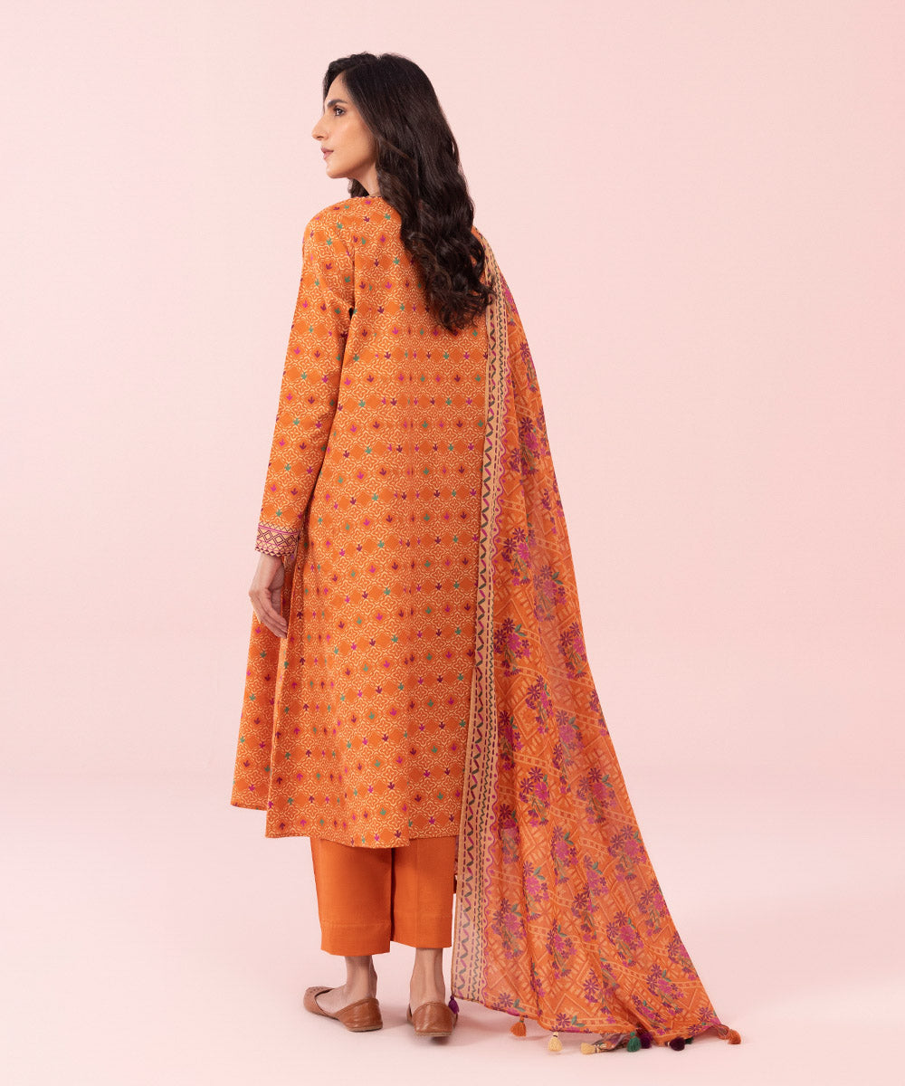 Women's Unstitched Printed Cambric Orange 3 Piece Suit