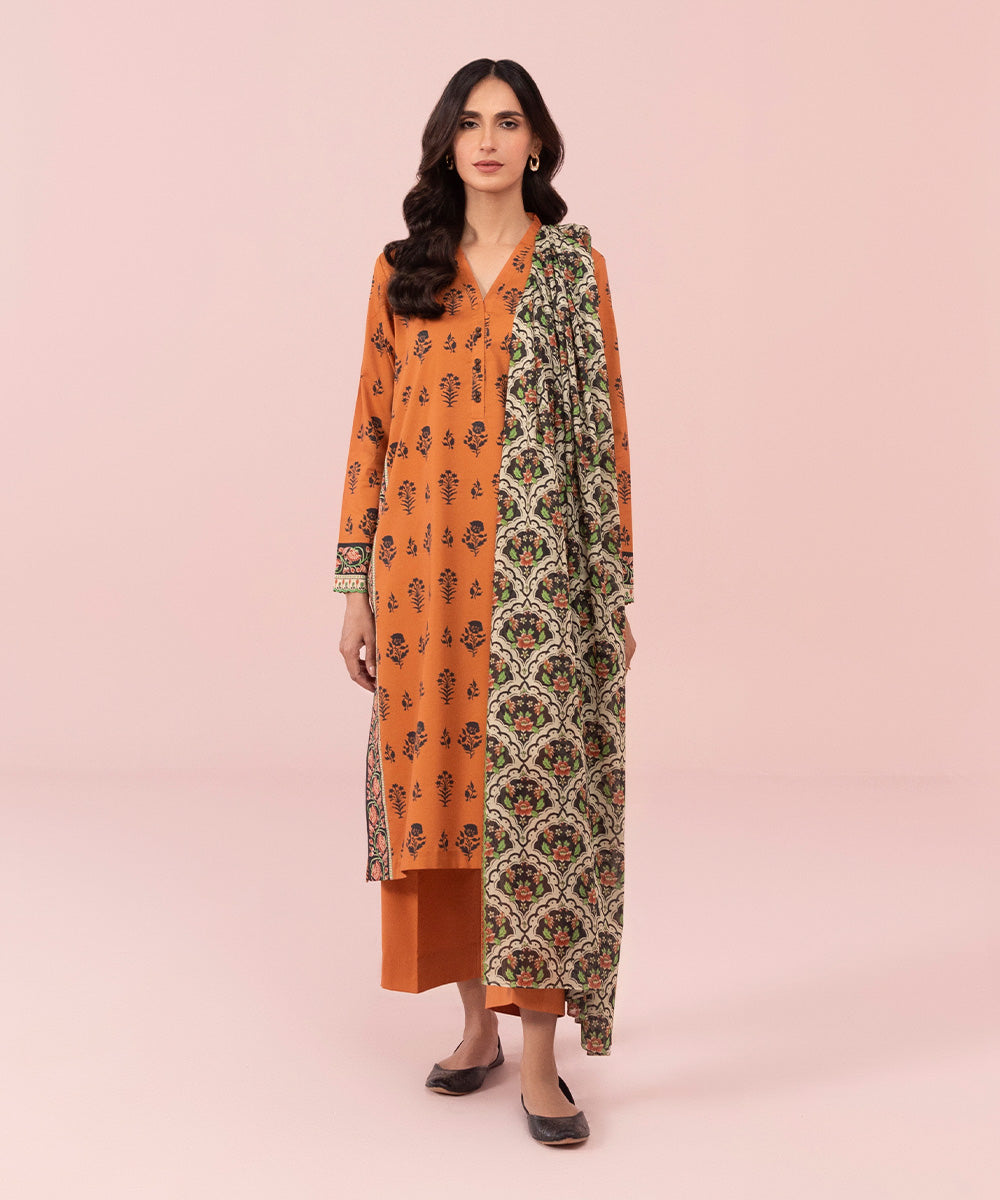 Women's Unstitched Printed Cambric Orange 3 Piece Suit