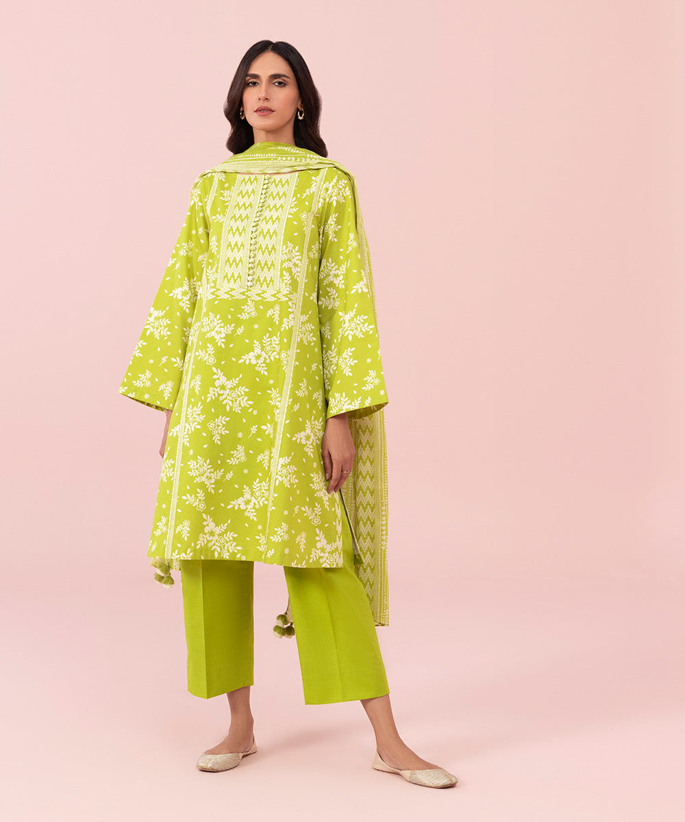 Women's Unstitched Printed Cambric Lime Green 3 Piece Suit