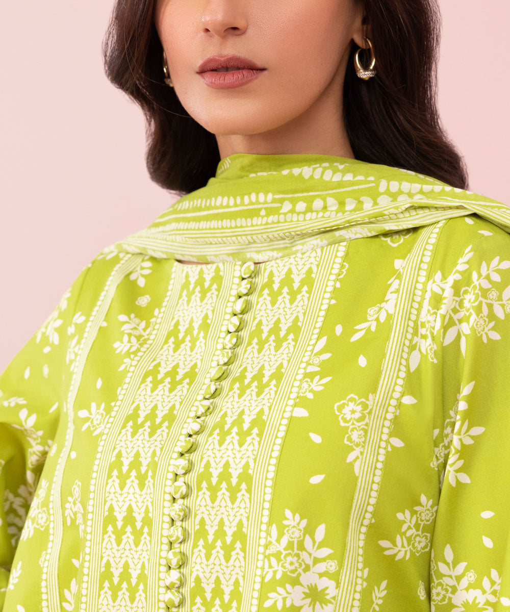 Women's Unstitched Printed Cambric Lime Green 3 Piece Suit
