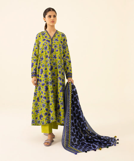 Women's Unstitched Printed Khaddar Green 3 Piece Suit