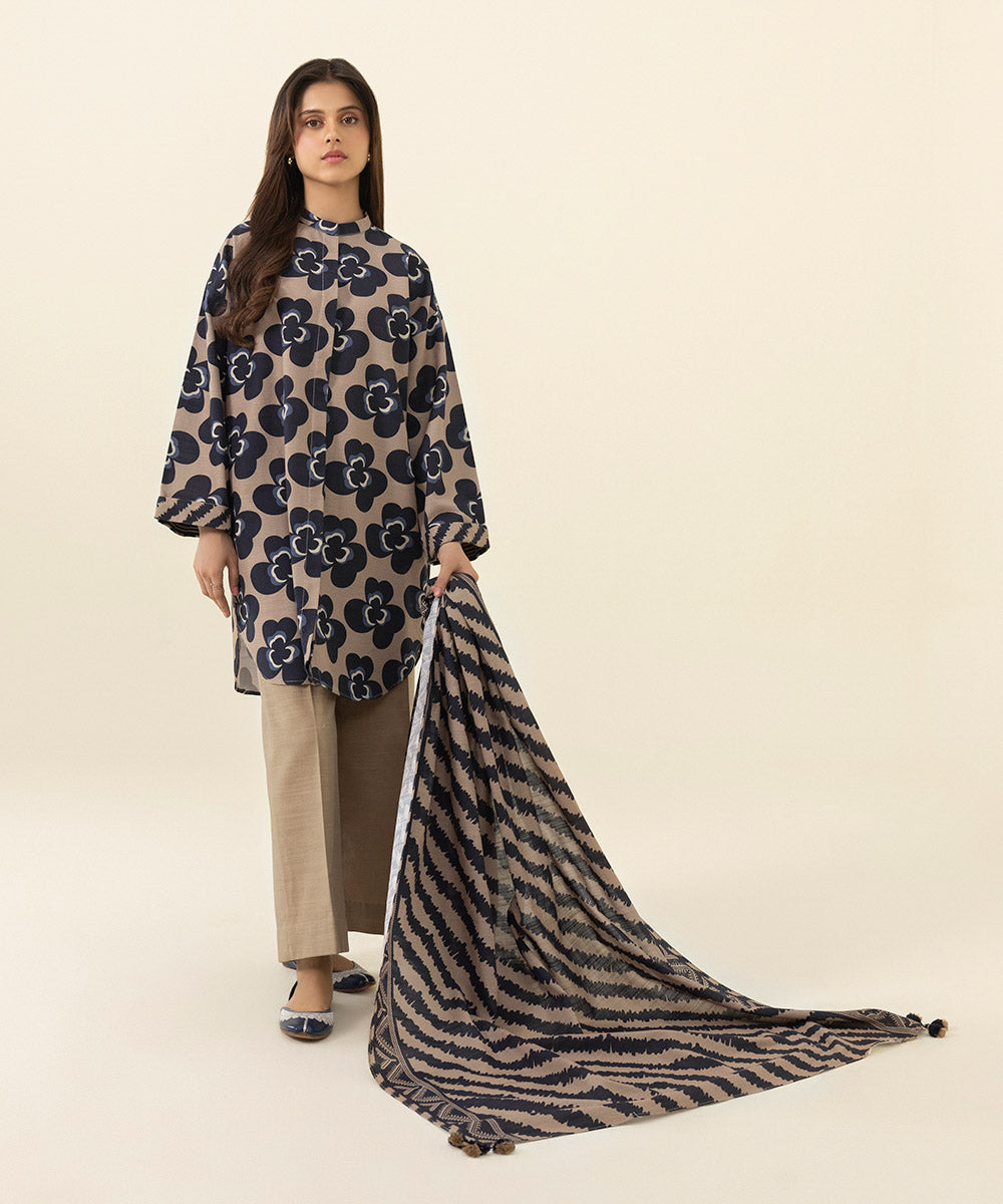 Women's Unstitched Printed Khaddar Beige 3 Piece Suit