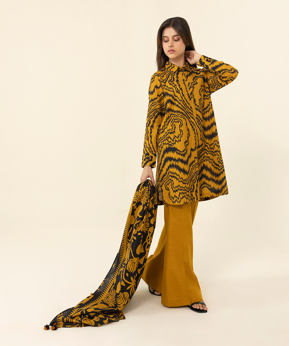 Women's Unstitched Printed Khaddar Brown 3 Piece Suit