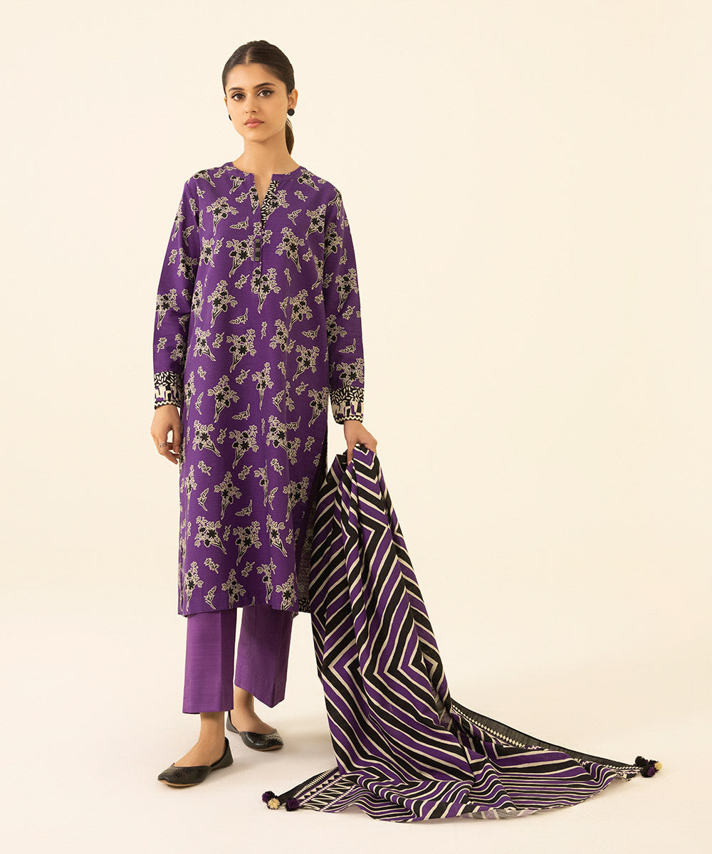 Women's Unstitched Printed Khaddar Purple 3 Piece Suit