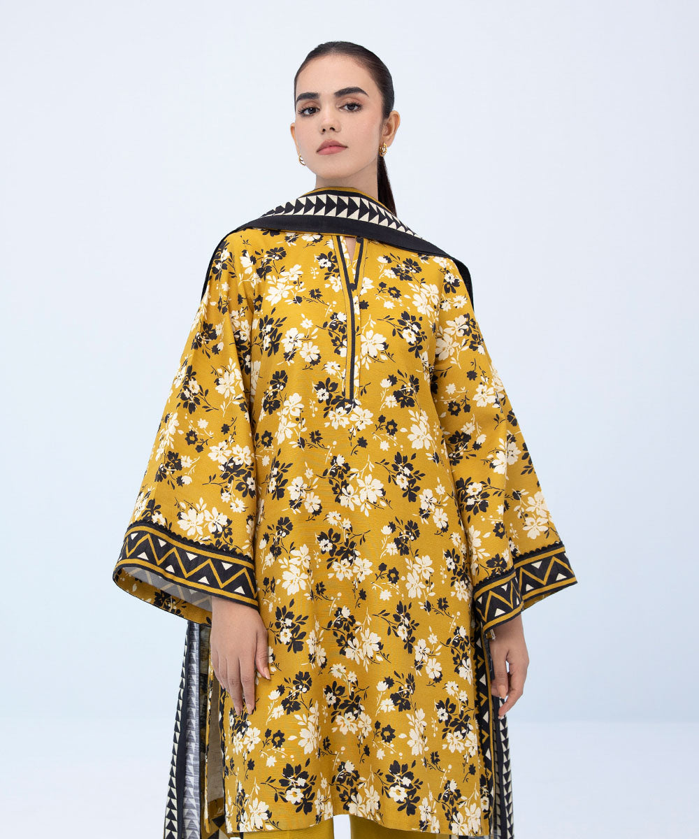 Women's Winter Unstitched Printed Khaddar Yellow 3 Piece Suit