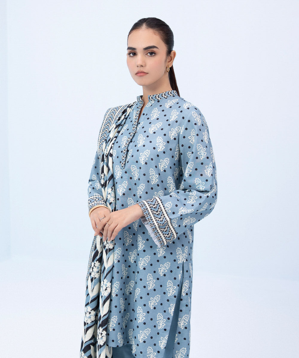 Women's Winter Unstitched Printed Khaddar Blue 3 Piece Suit