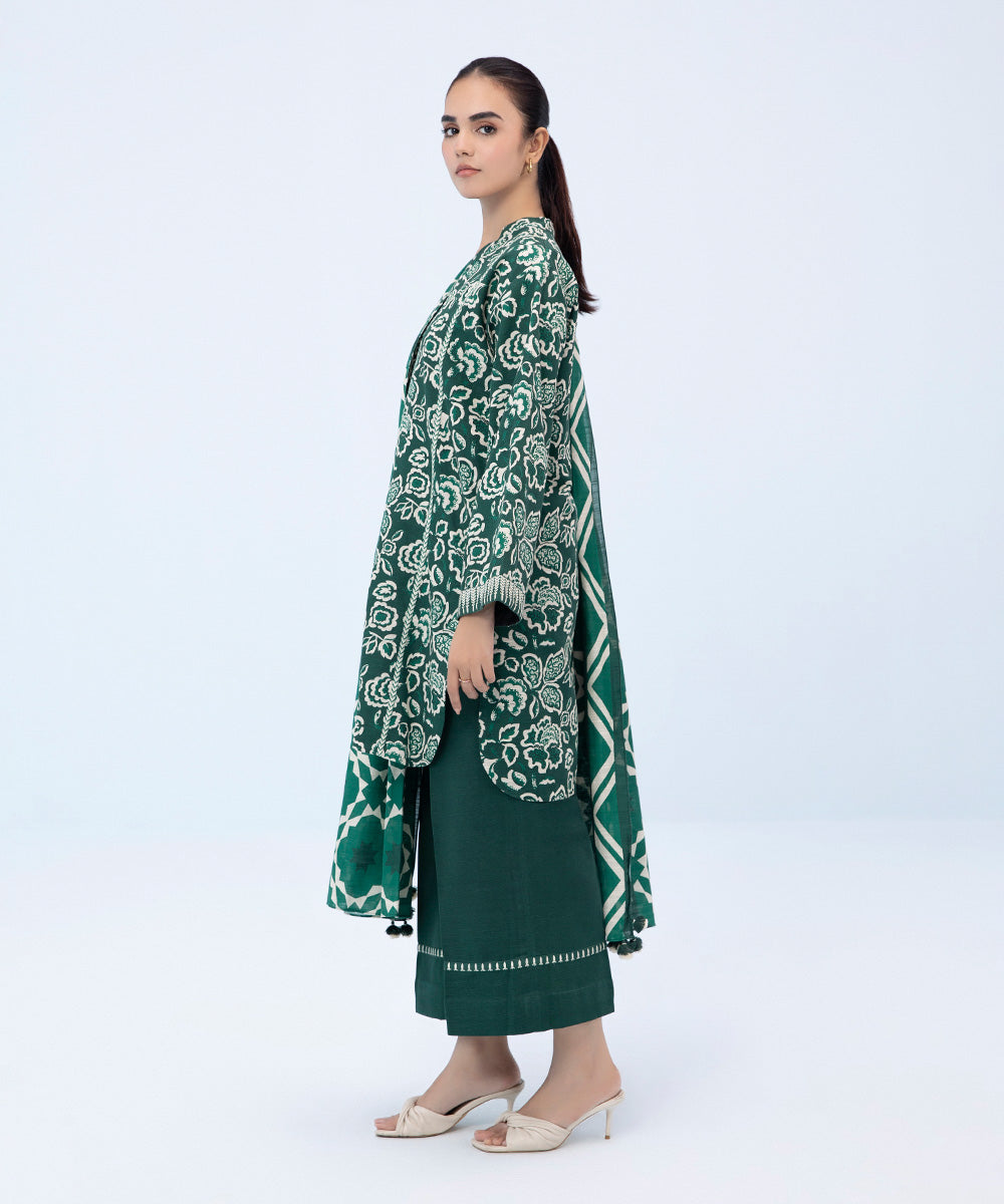 Women's Winter Unstitched Printed Khaddar Green 3 Piece Suit