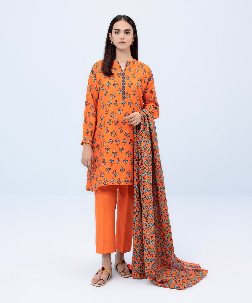 Women's Winter Unstitched Printed Khaddar Orange 3 Piece Suit