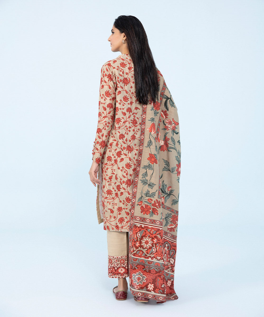 Women's Winter Unstitched Printed Khaddar Beige 3 Piece Suit