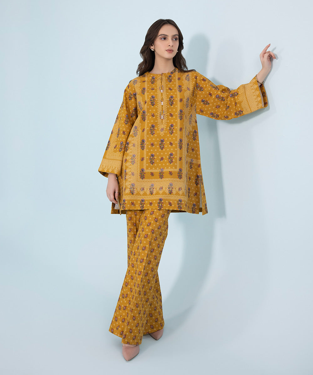 Women's Winter Unstitched Printed Khaddar Orange 2 Piece Suit