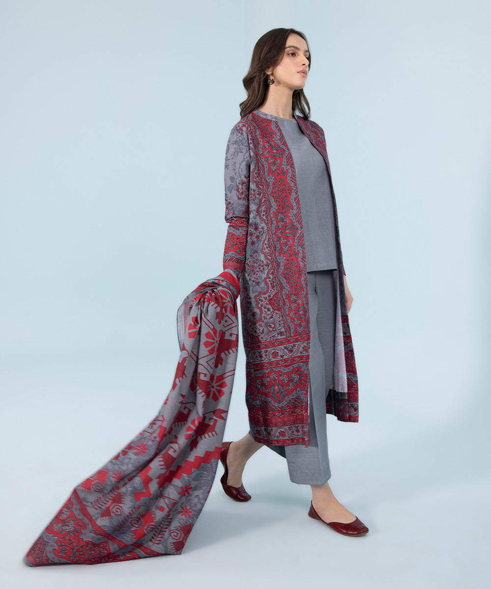 Women's Winter Unstitched Printed Khaddar Blue 3 Piece Suit
