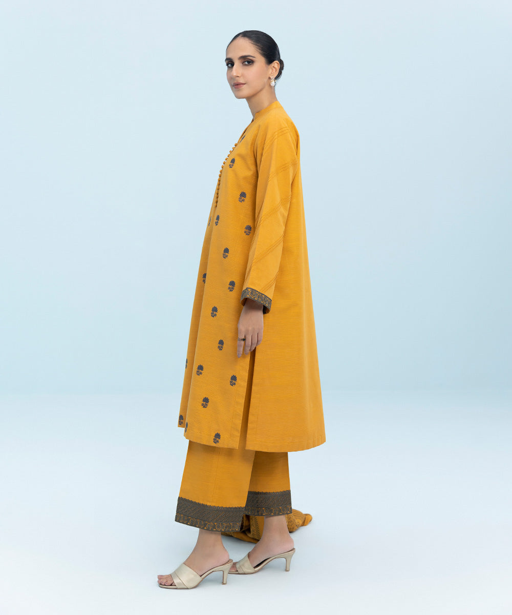 Women's Winter Unstitched Embroidered Zari Khaddar Yellow 3 Piece Suit