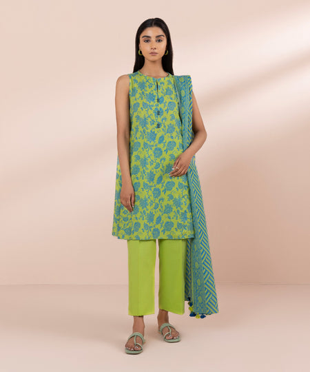 Women's Unstitched Lawn Printed Green 3 Piece Suit