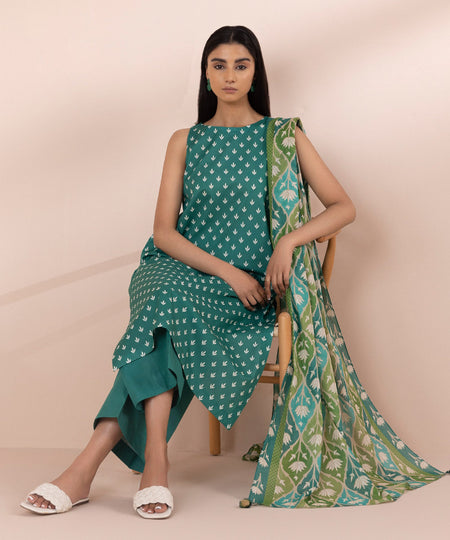 Women's Unstitched Lawn Printed Green 3 Piece Suit