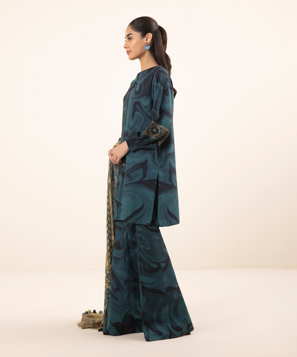 Women's Intermix Unstitched Linen Blue 3 Piece Suit
